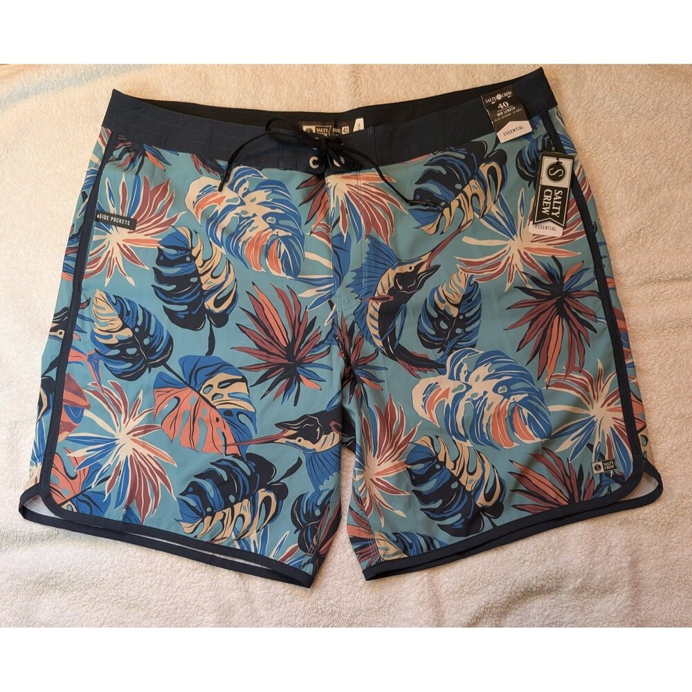 Salty Crew Breaker Board Shorts Men's Size 40 Swim Trunks Fish Tropical Blue NWT